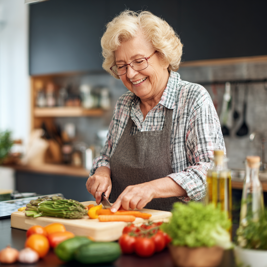 Smiling elderly European woman preparing healthy meal in bright kitchen