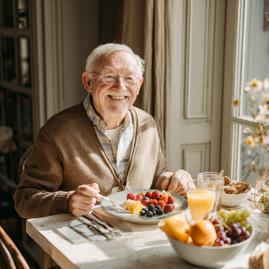 Elderly European man and woman enjoying healthy meal together at dining table